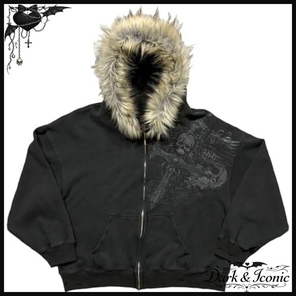Oversized Zip Up Hoodie with Faux Fur Hood Y2K Goth Graphic Streetwear